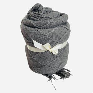 Grey Knit Textured Throw Blanket Diamond Pattern Fringe 48x70 Super Soft NWOT